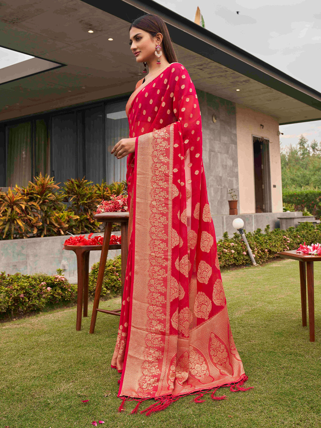 Tikhi Imli Pink Ethnic Motifs Woven Design Zari Grab2Buy 