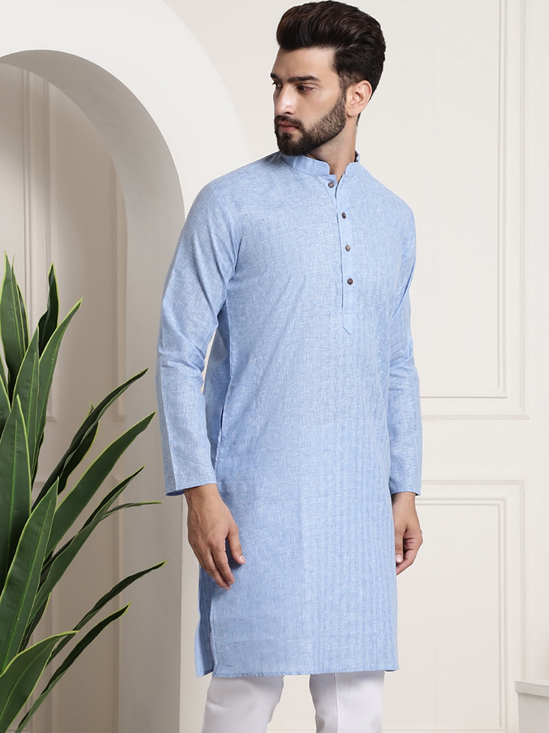 Sojanya Men Blue Dobby Self-Checked Straight Kurta 