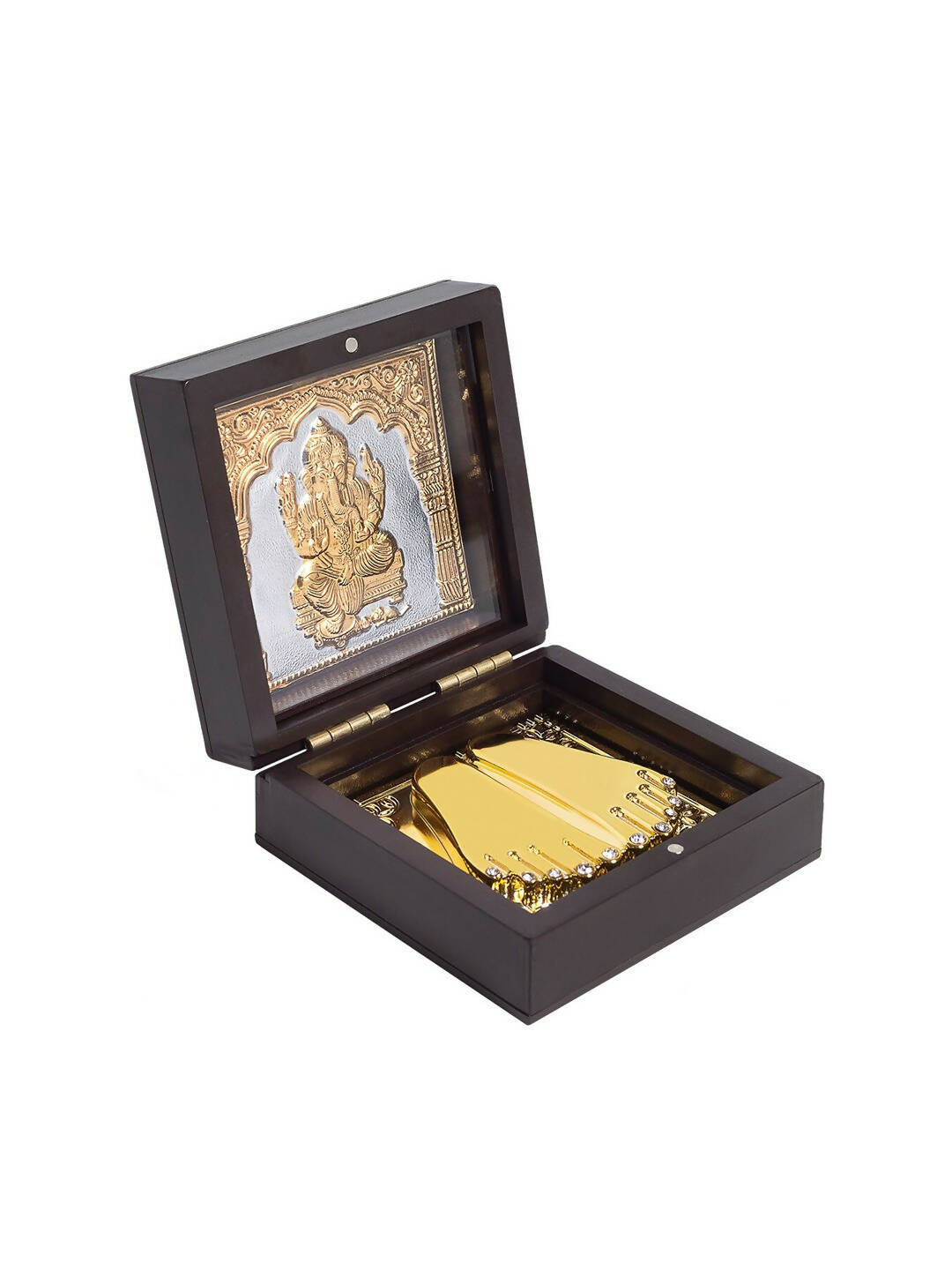 Golden Peacock Brown Wooden Ganesha Prayer Box 