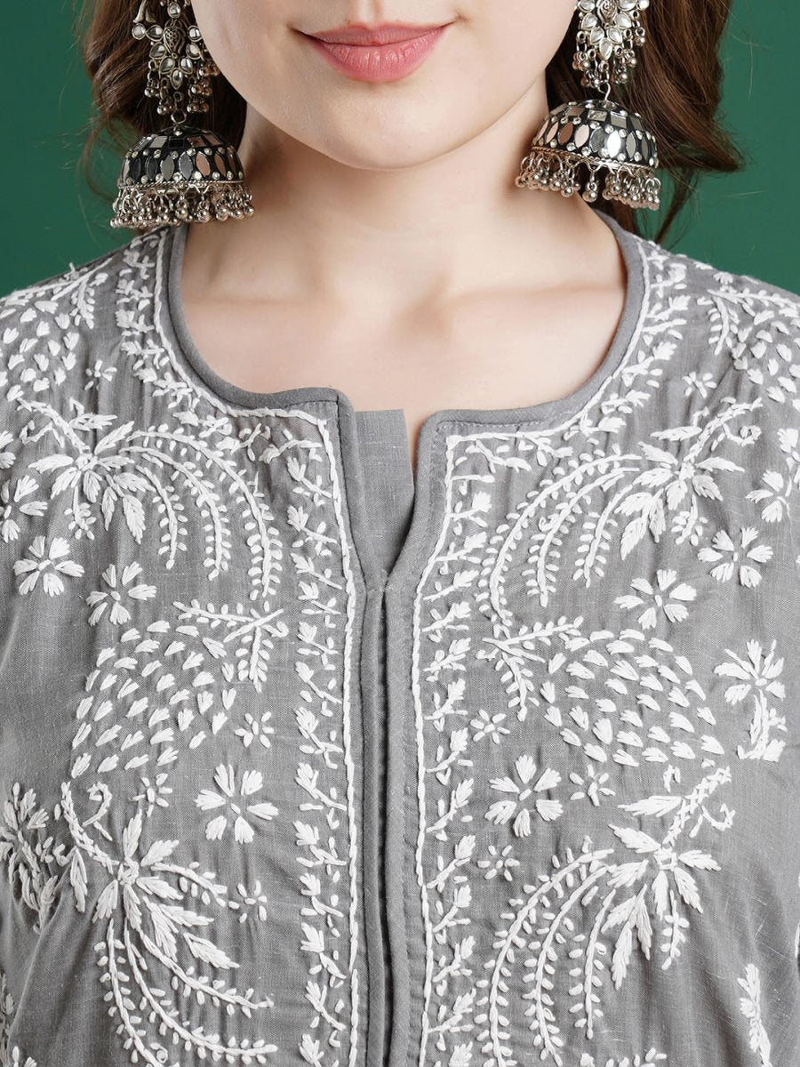 ADA Women Grey & White Chikankari Embroidered Straight Kurta 