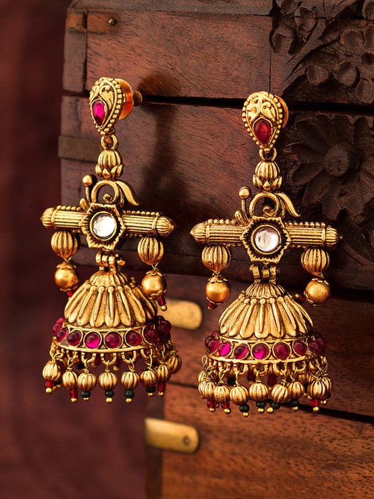 Aadita Gold-Toned Geometric Jhumkas Earrings - Grab2buy
