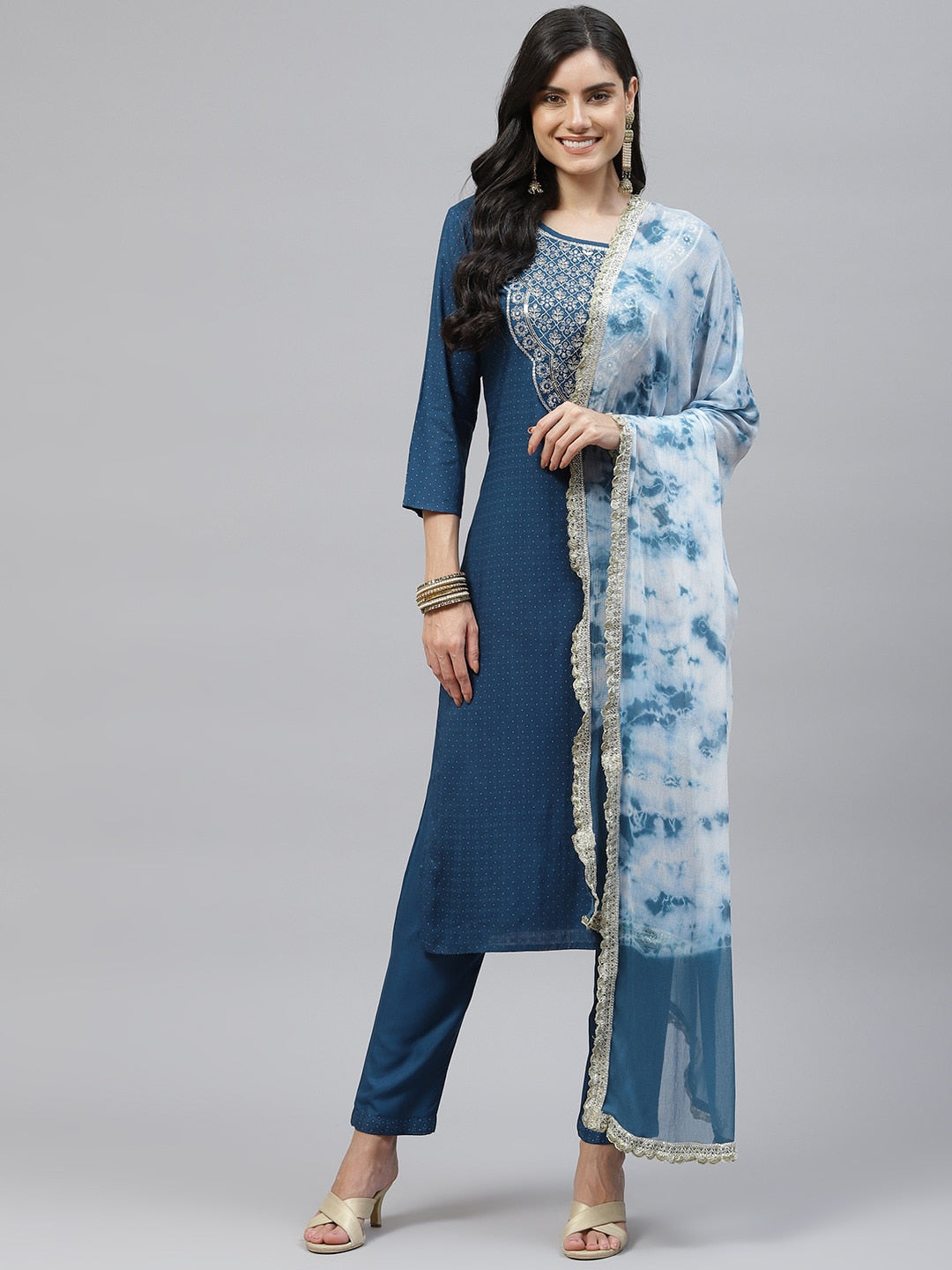 HERE&NOW Women Blue Embroidered Kurta with Trousers & Dupatta