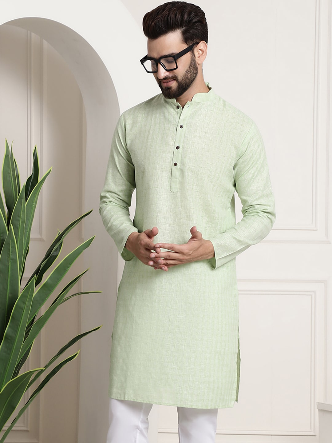 Sojanya Men Green Dobby Checked Straight Kurta 