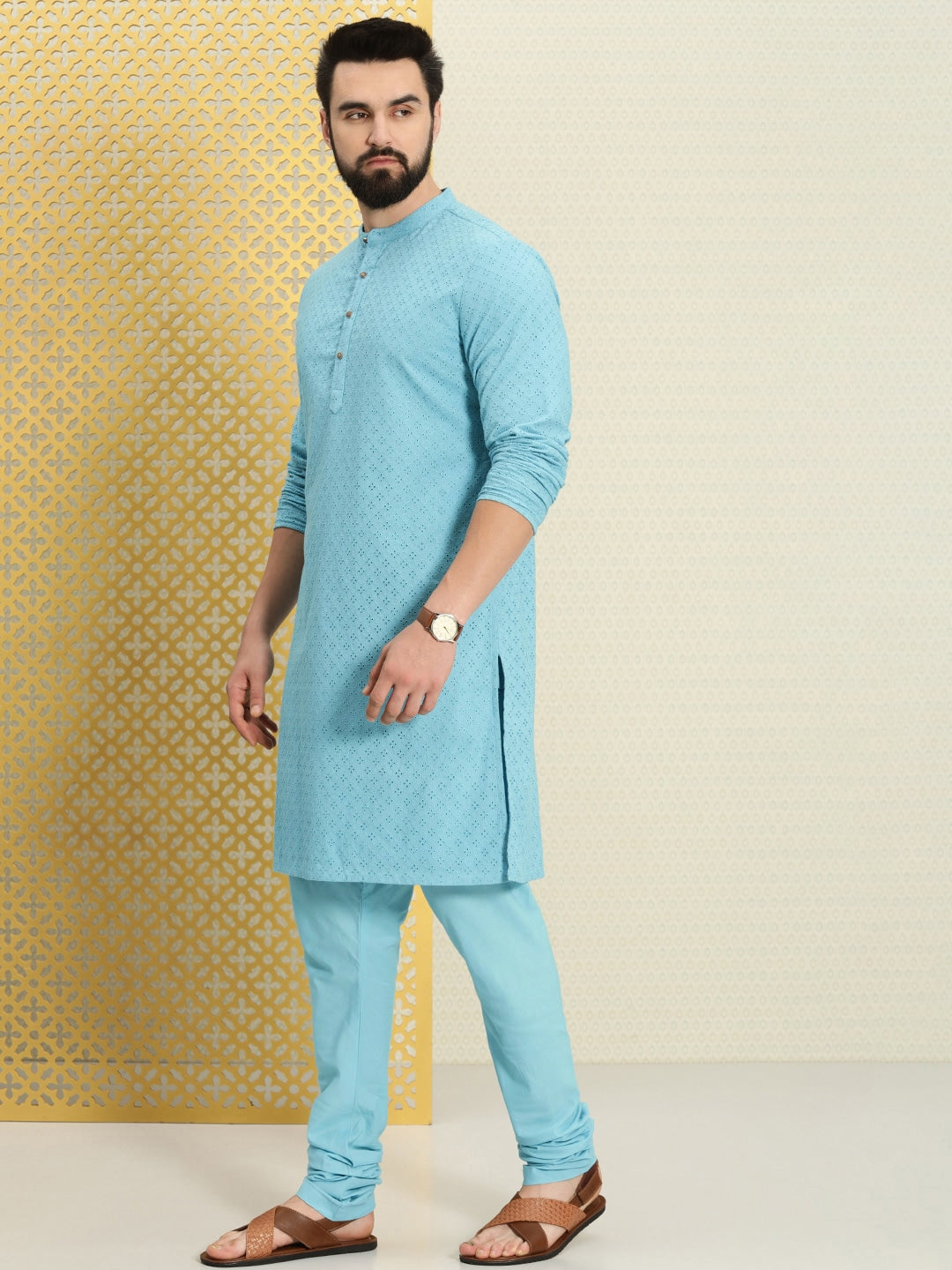 House of Pataudi Men Pure Cotton Schiffli Thread Work Jashn Kurta with Pyjamas
