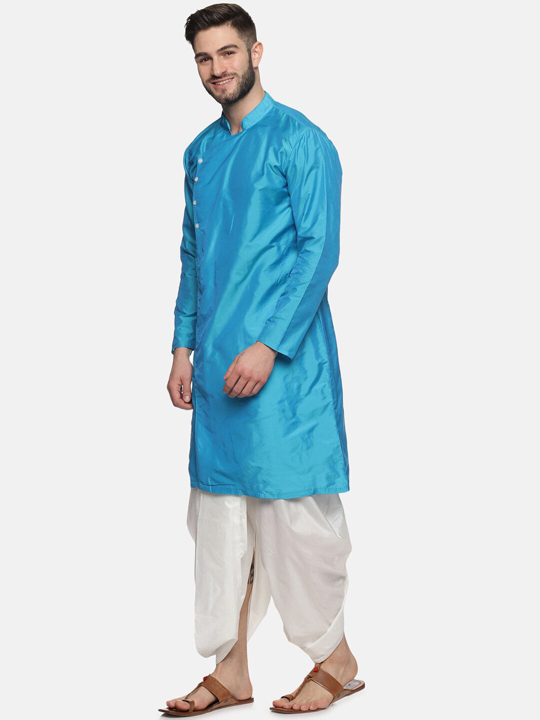 Sethukrishna Men Turquoise Blue Angrakha Kurta with Dhoti Pants