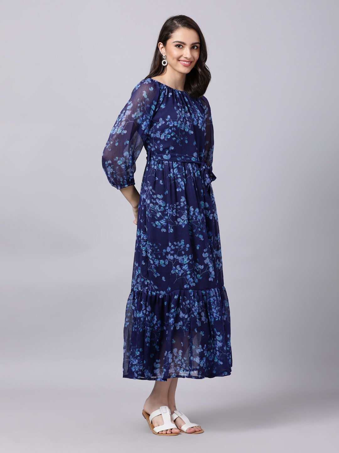 Souchii Navy Blue Floral Layered Chiffon A-Line Midi Dress 