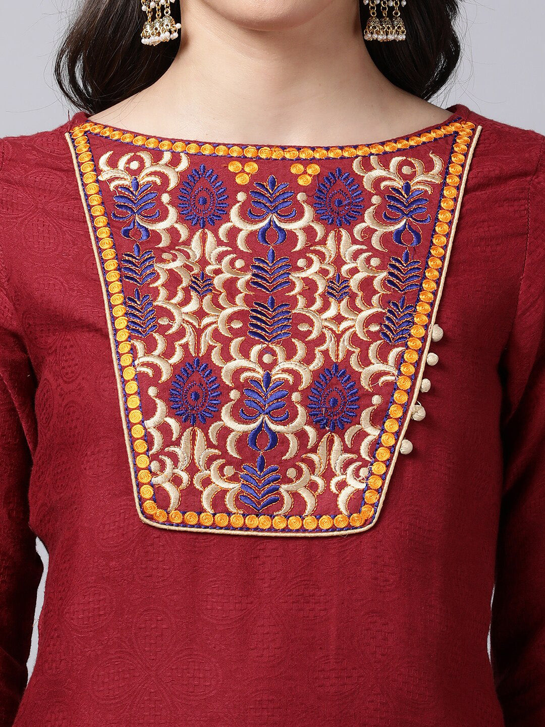 Souchii Maroon & Yellow Thread Work Grandeur & Majestic Artwork Cotton Kurta 