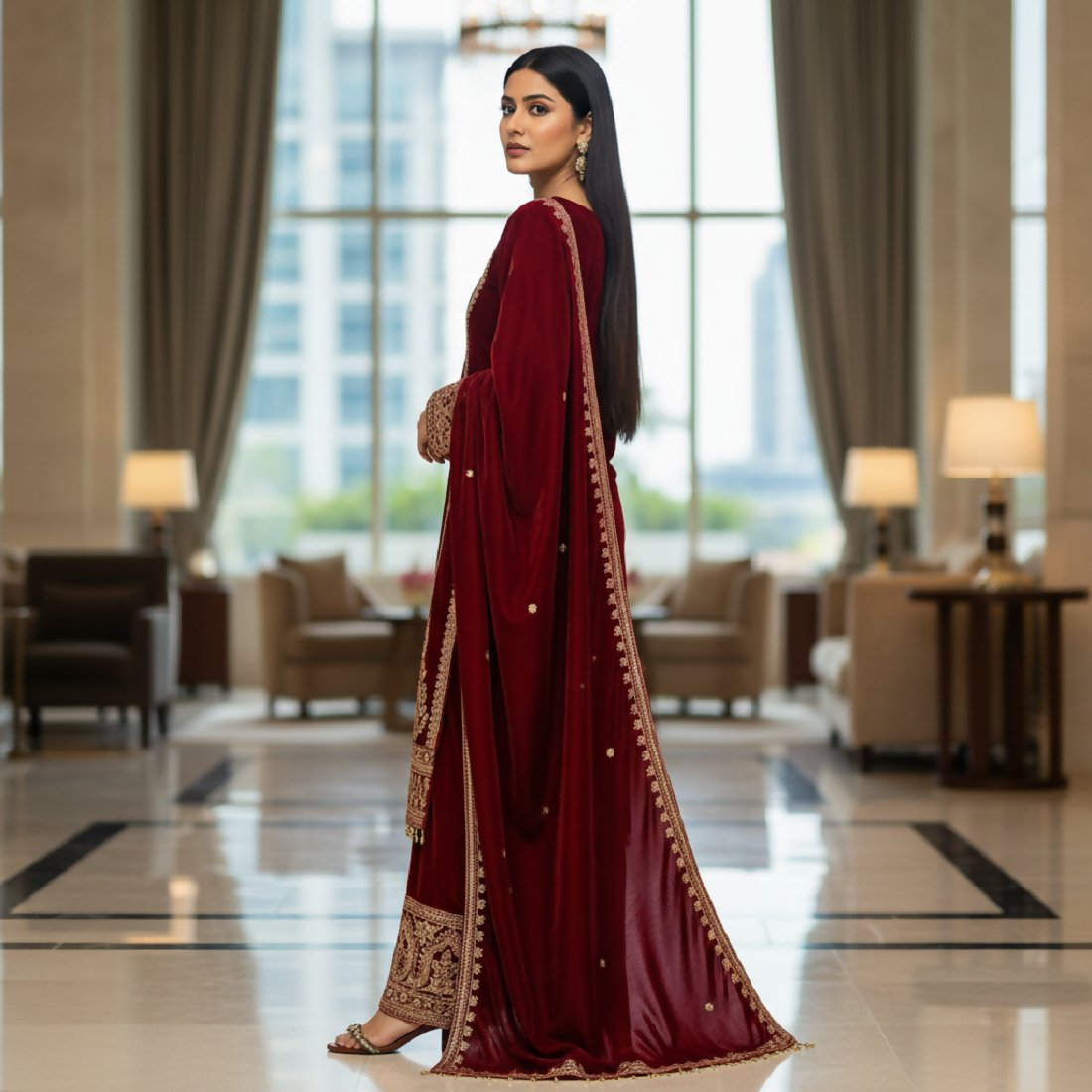 Joban Fashion Maroon Velvet Embroidery Sequence Work Readymade Kurta Set
