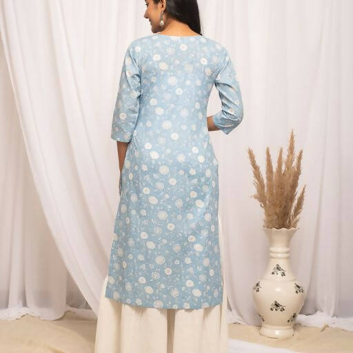 FIORRA Women's Floral Printed Sky Blue Cotton Straight Kurta 