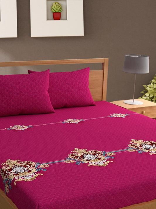 Bajo's Magenta & Blue Ethnic Motifs Printed 210 TC Cotton King Bedsheet & 2 Pillow Covers