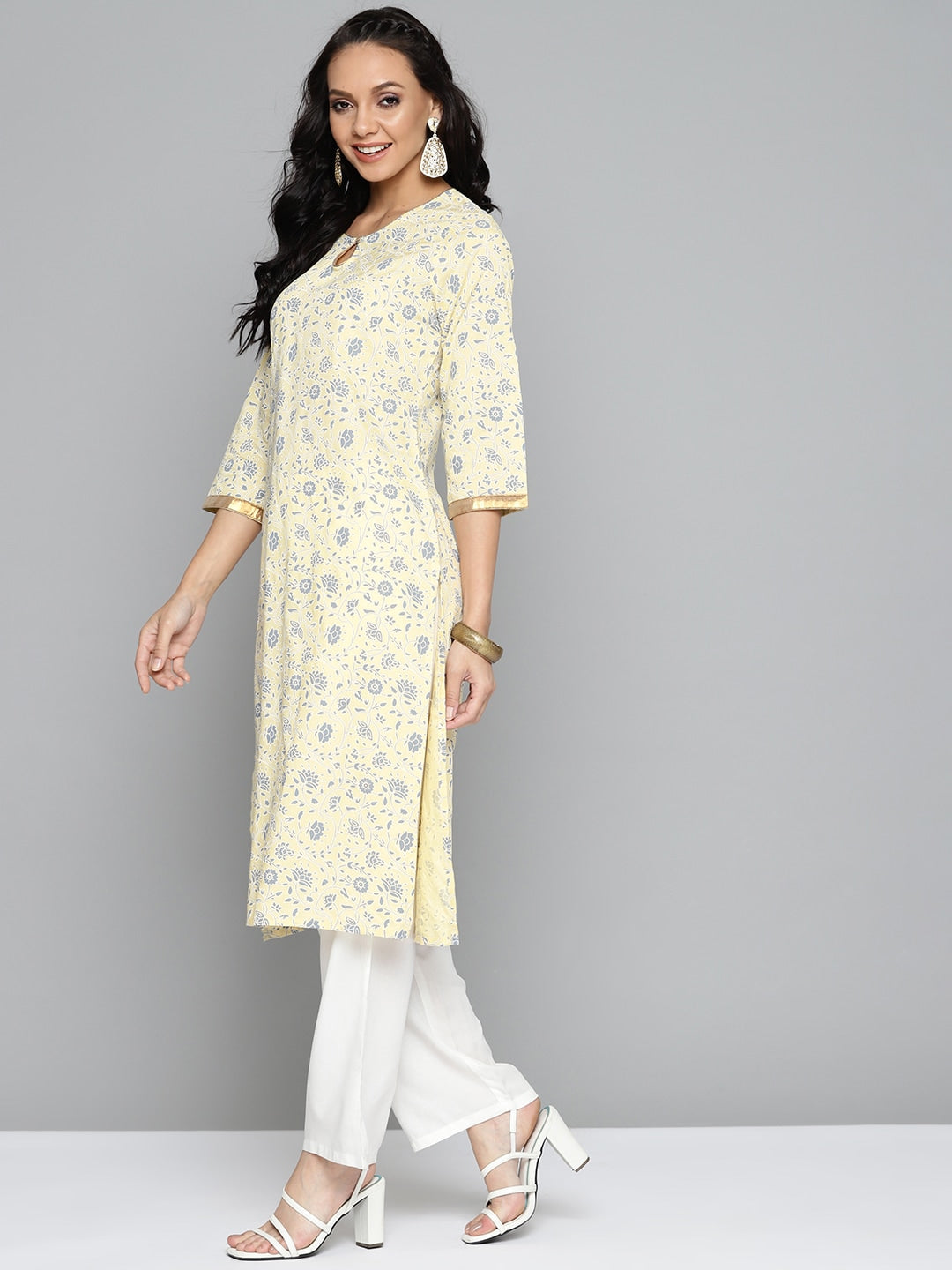 HERE&NOW Women Yellow & Grey Ethnic Motifs Printed Kurta with Trousers