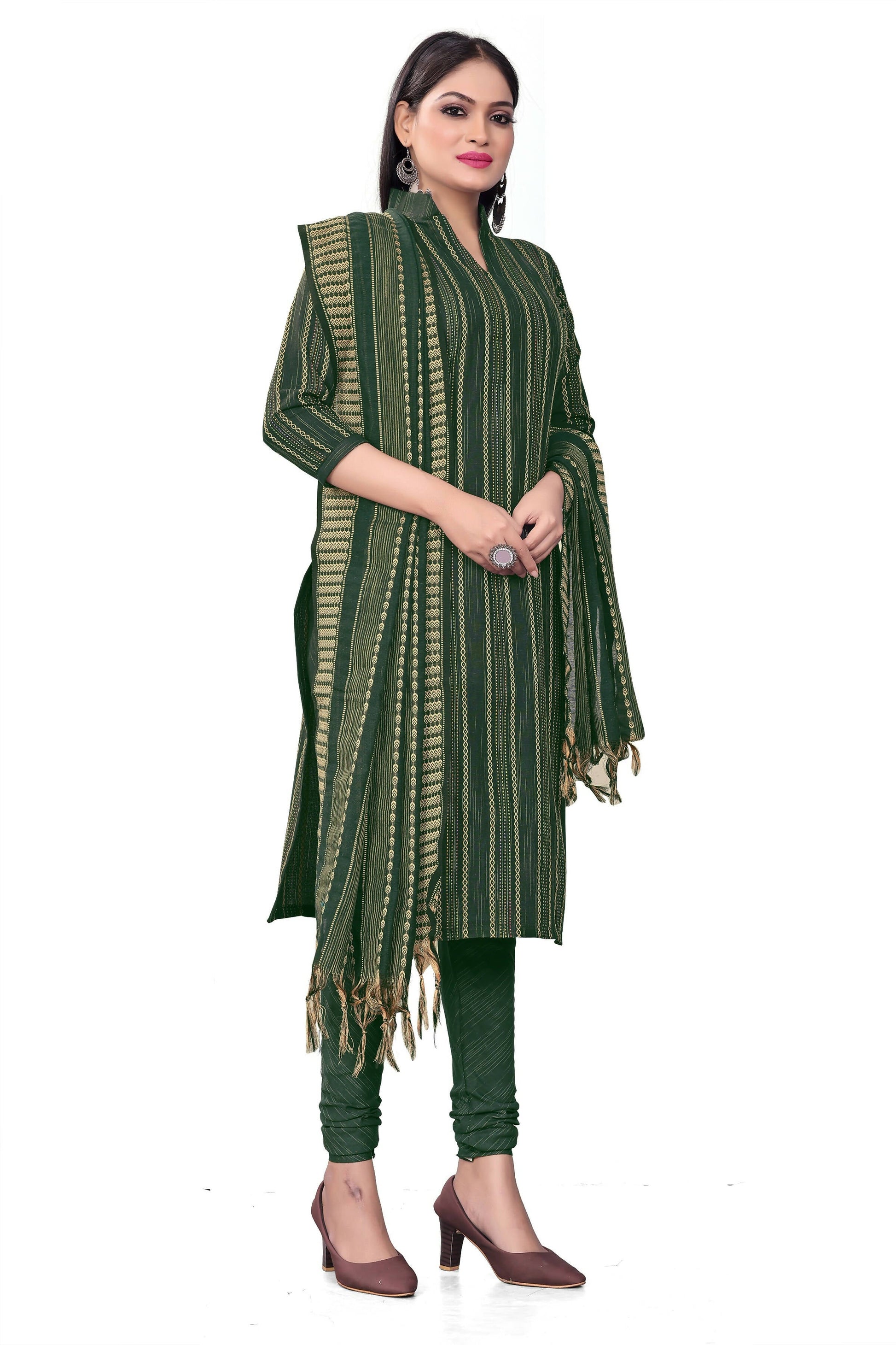 Green Cotton Jacquard Woven Unstitched Dress Material - Tanvi