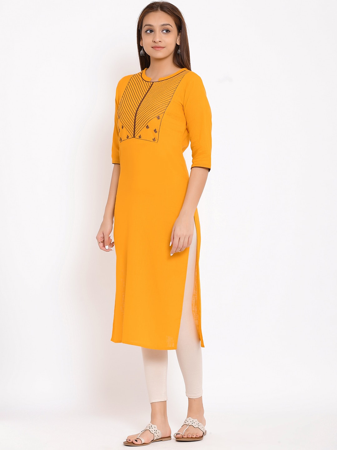 HERE&NOW Yellow Geometric Yoke Design Thread Work Kurta 