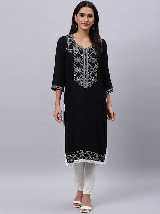 Souchii Women Black Ethnic Motifs Yoke Design Thread Work Kurta 