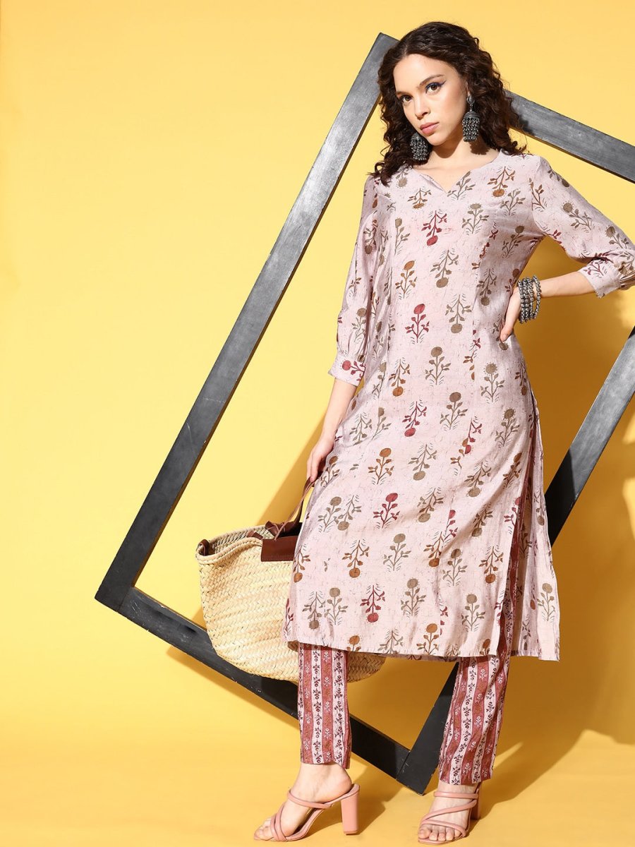All About You Women Amusing Taupe Ethnic Motifs Print Parade Kurta with Trousers