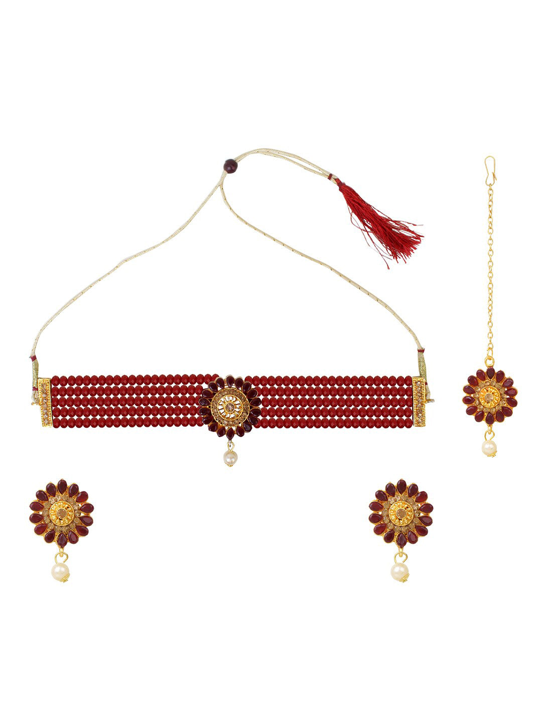 Cardinal Gold-Plated Maroon Onyx-Studded & Beaded Jewellery Set - Grab2buy