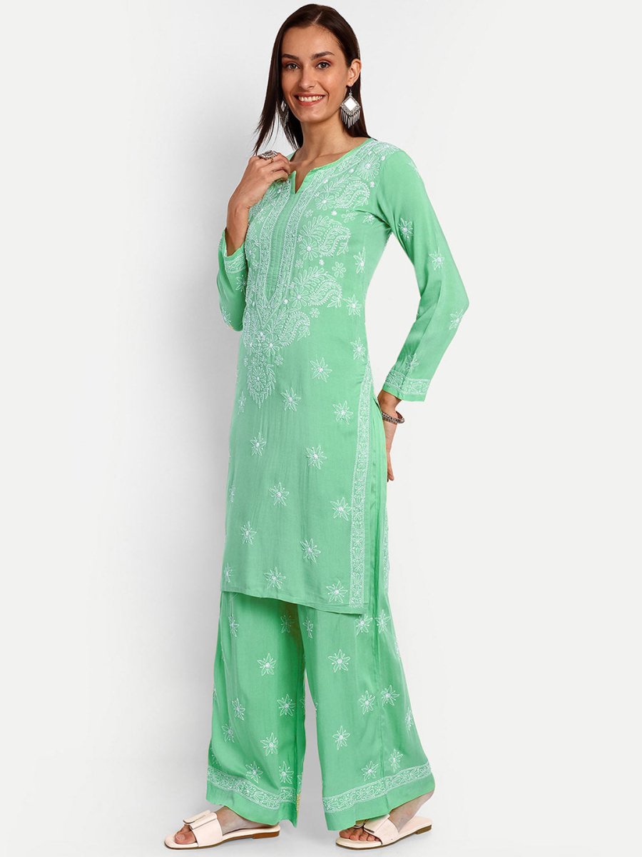 ADA Floral Embroidered Long Sleeves Regular Lucknowi Chikankari Kurta With Palazzos 