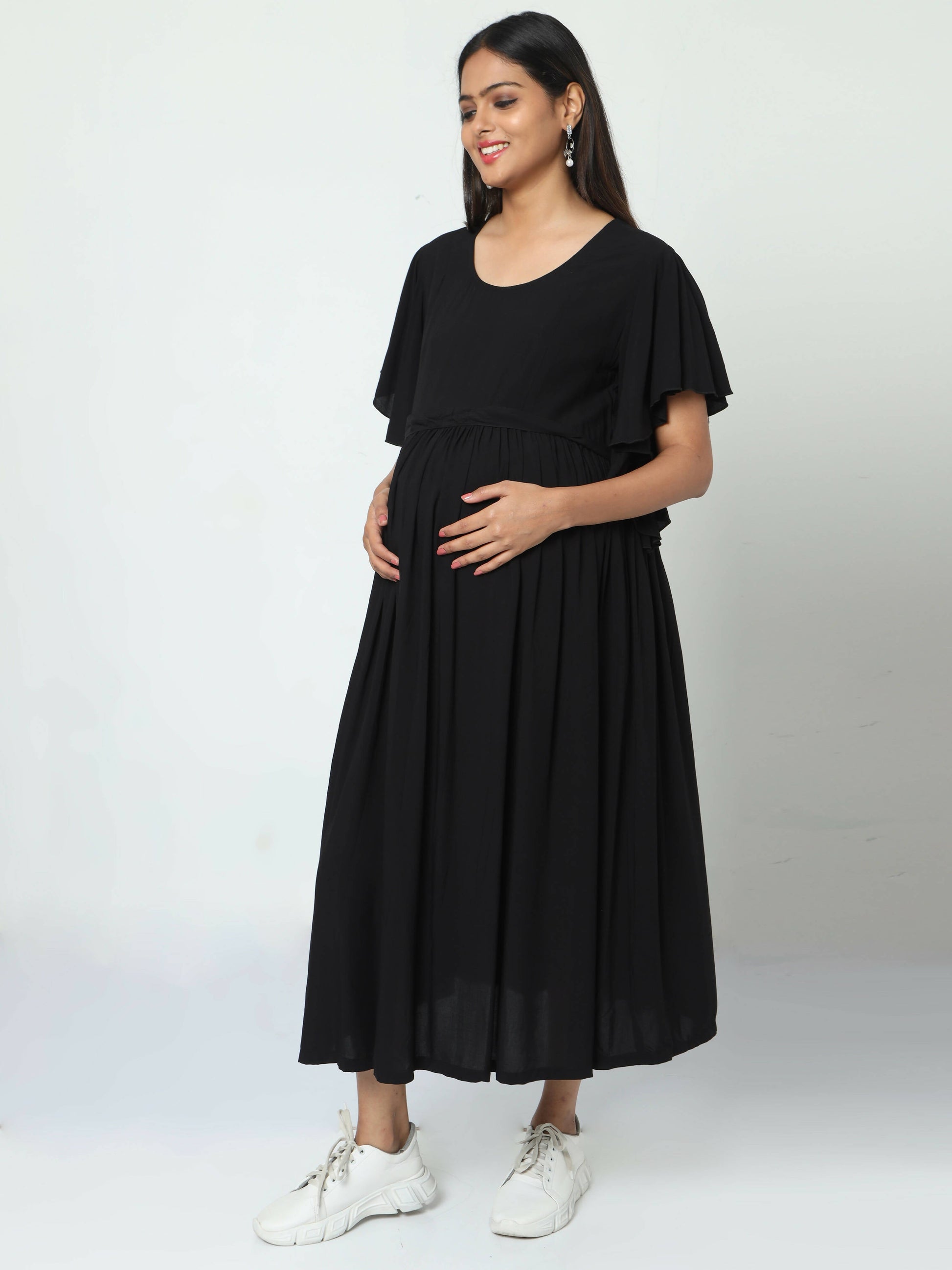 Manet Maternity Frill Slevee Solid Dress With Concealed Zipper Nursing Access - Black