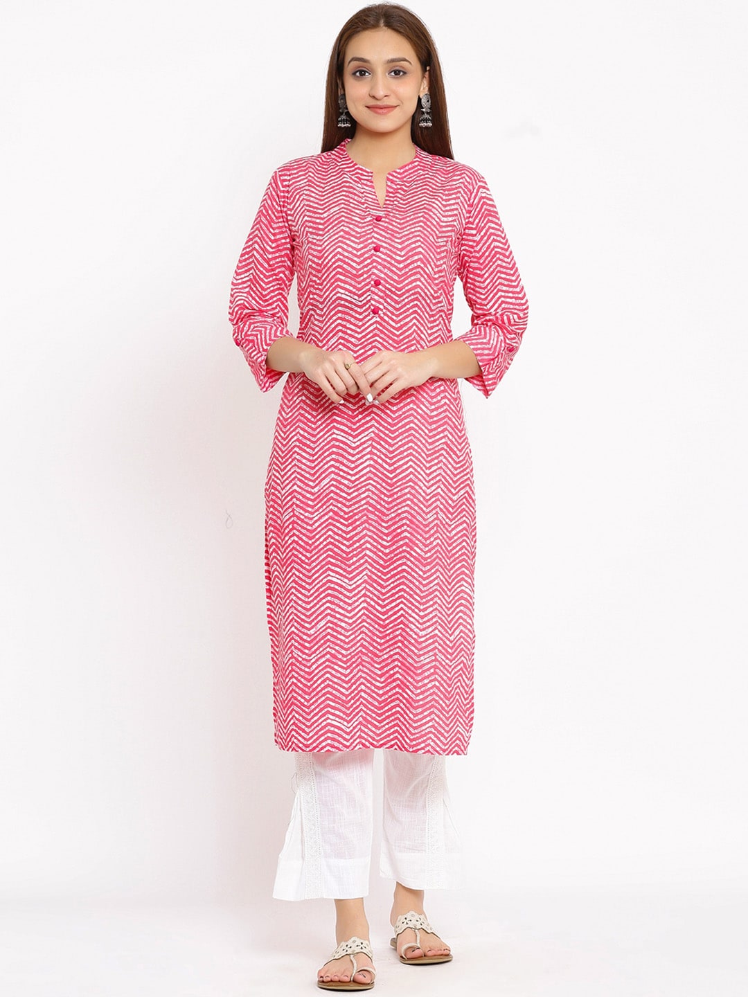 HERE&NOW Pink Chevron Printed Regular Kurta with Trousers