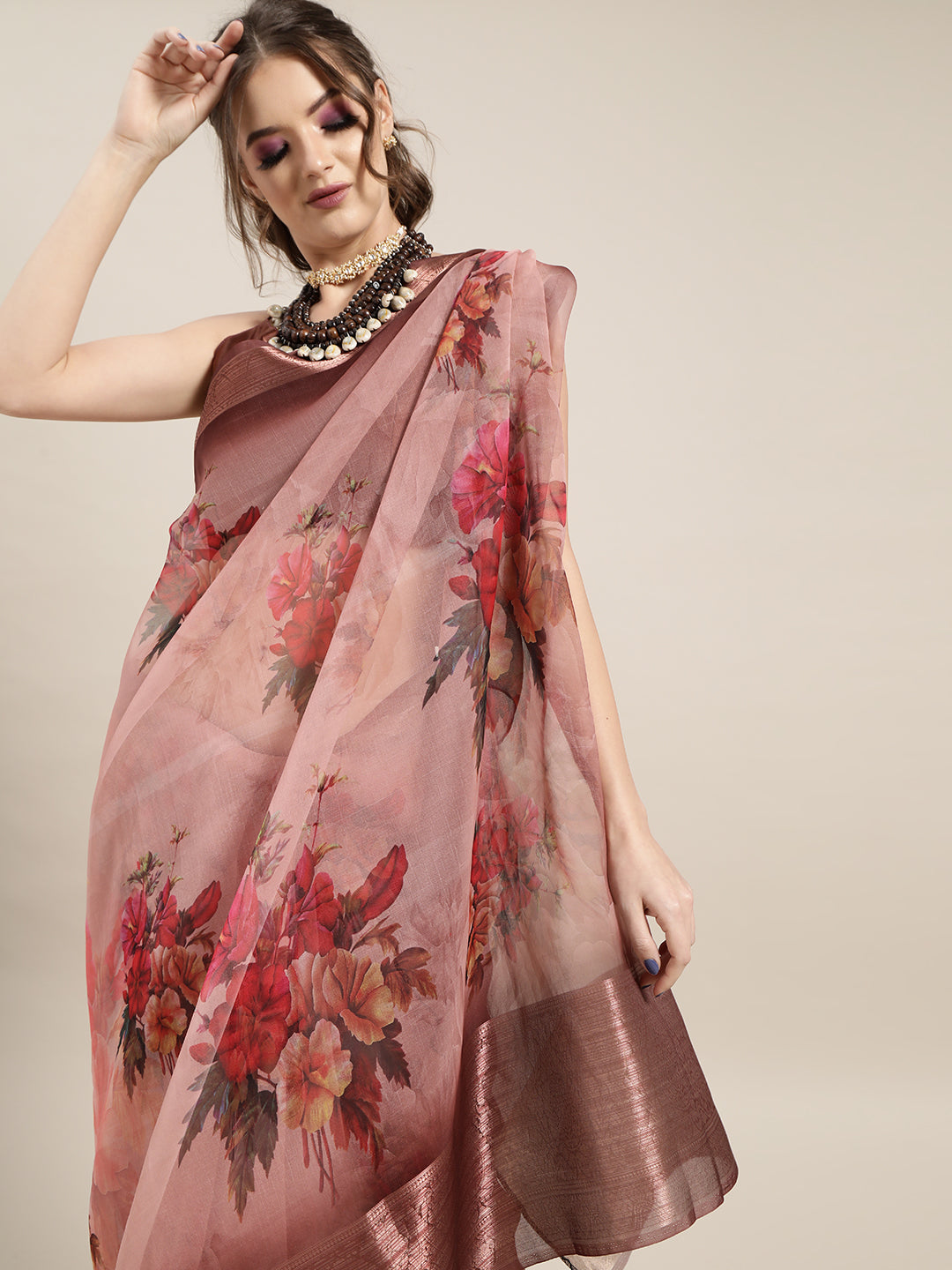 Saree Mall Mauve & Red Organza Block Print Saree