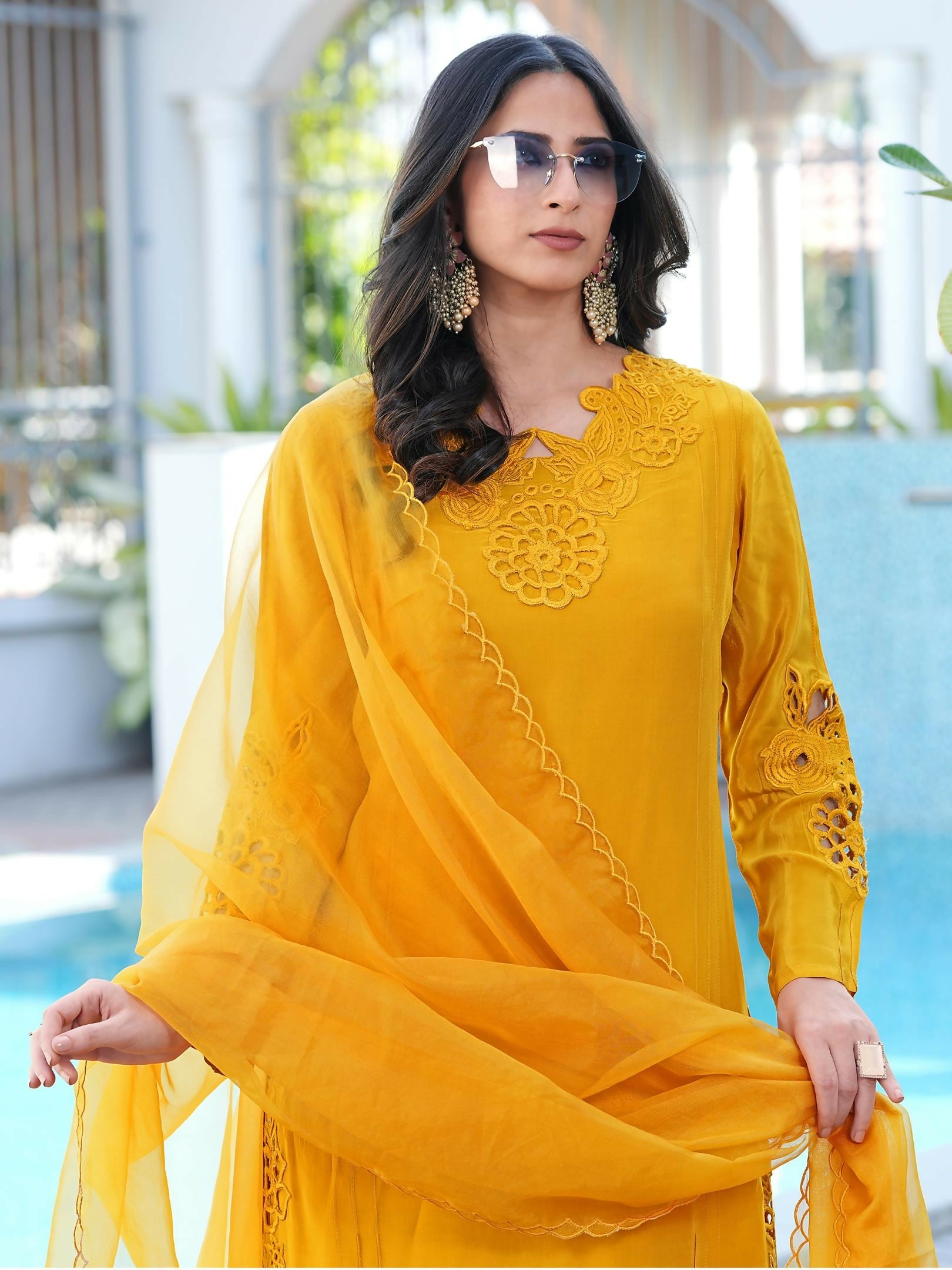 Nikhaar Yellow Embroidered Art Silk Stitched Straight Cut Kurta Pants Dupatta Readymade Suit