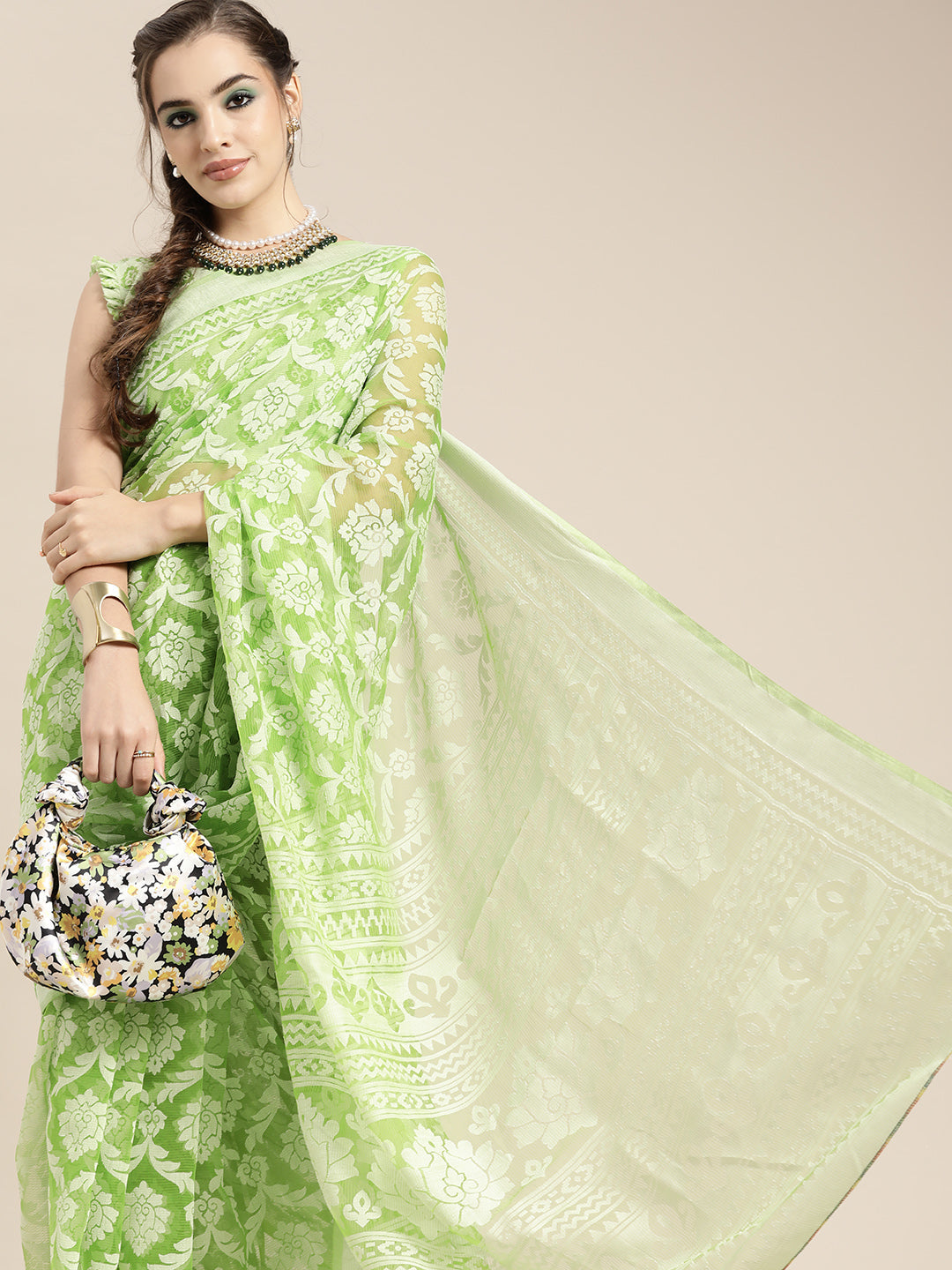 Saree Mall Green Ethnic Motifs Brasso Chanderi Saree