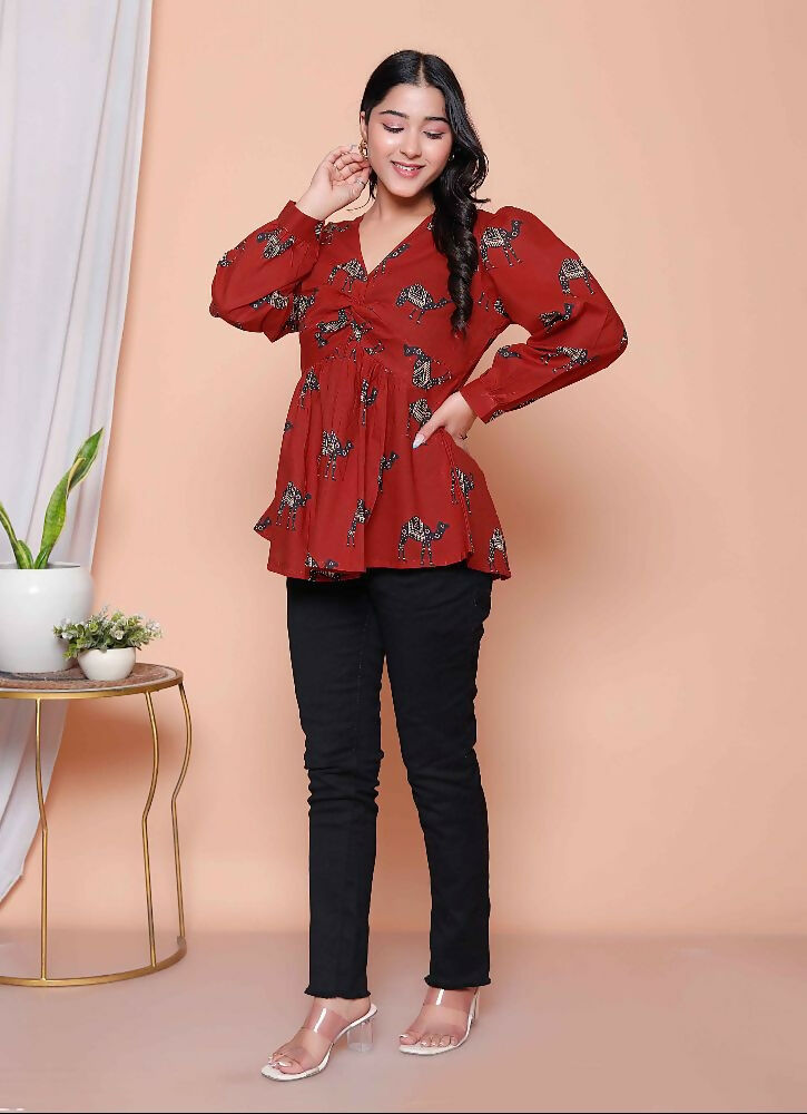 Miravan Womens Brown Animal Printed Balloon Sleeves V Neck Butterfly Top