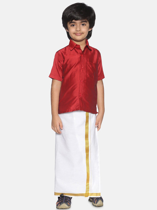 Sethukrishna Boys Red & White Shirt and Veshti Set