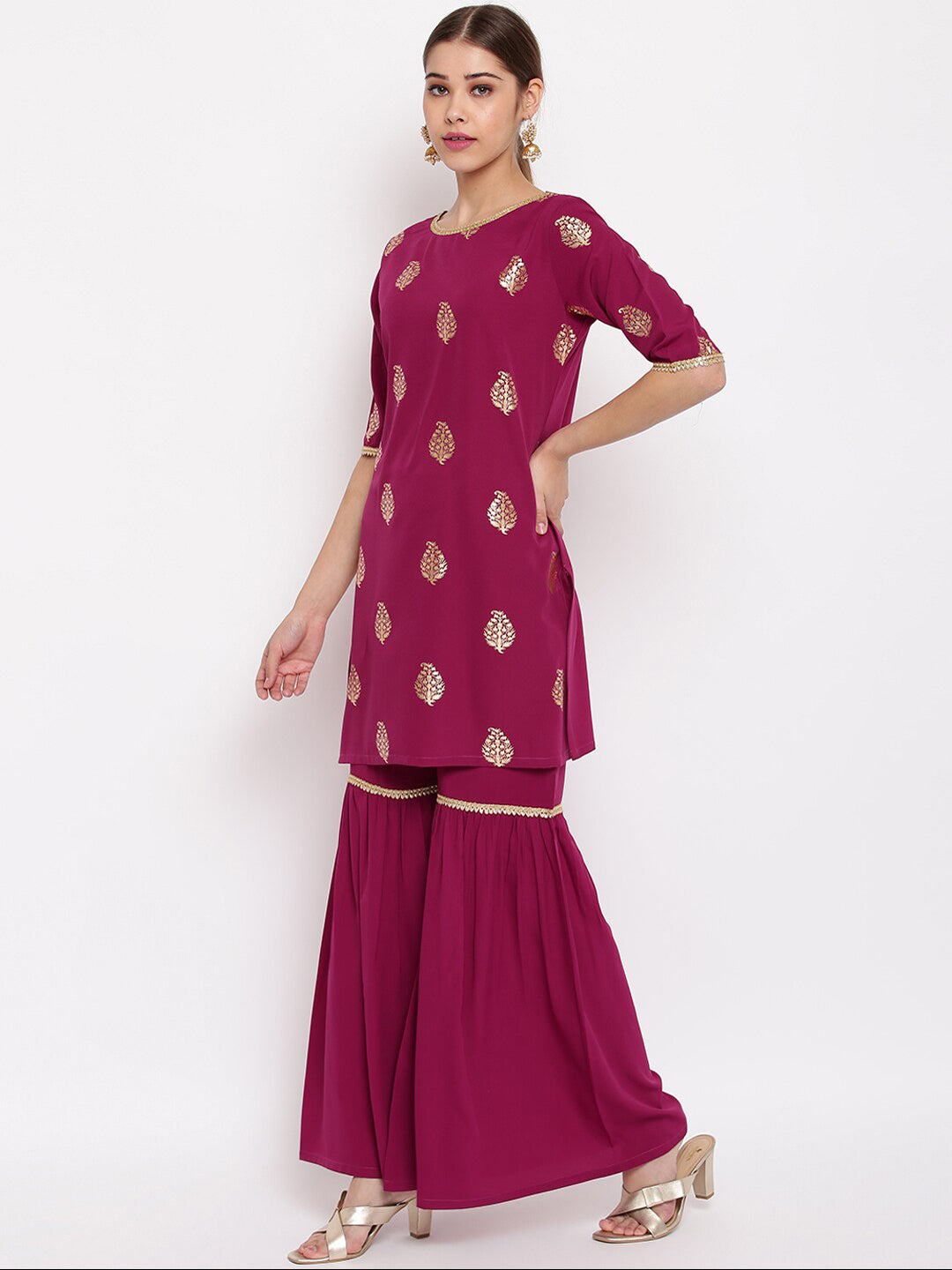 Janasya Women Magenta Printed Kurta with Sharara & Dupatta