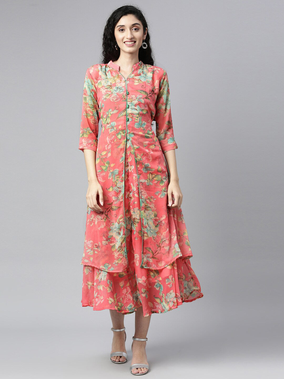 Souchii Women Pink & Green Floral Layered A-Line Midi Dress 