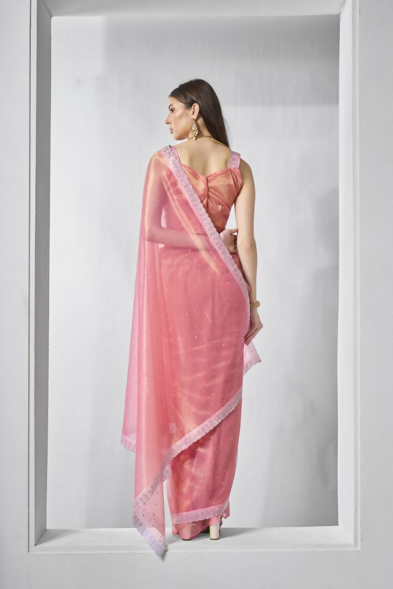 Pink Gold Tissue Net Solid & Gold Cotted Saree - Samaa