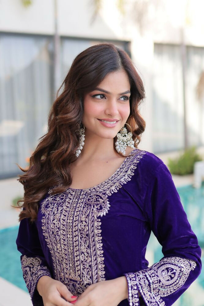 Joban Fashion Purple Kurta Set Velvet Sequins , Zari, Coding & Thread Embroidered work