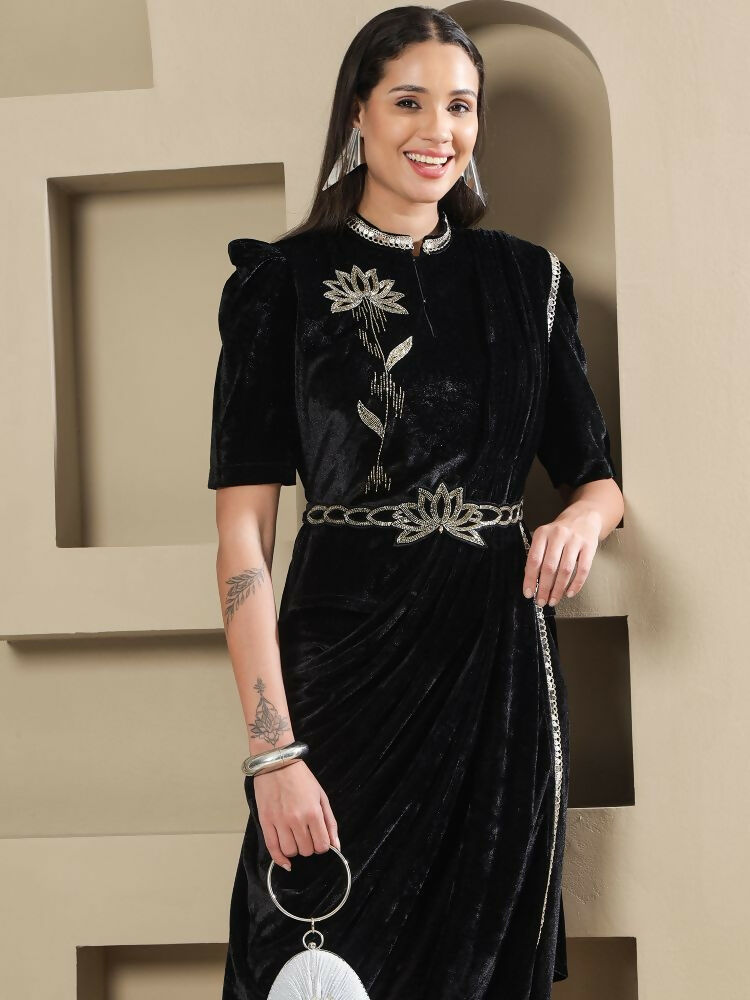 Joban Fashion Women Black Velvet Hand Embellishment Stitched Kurta Set