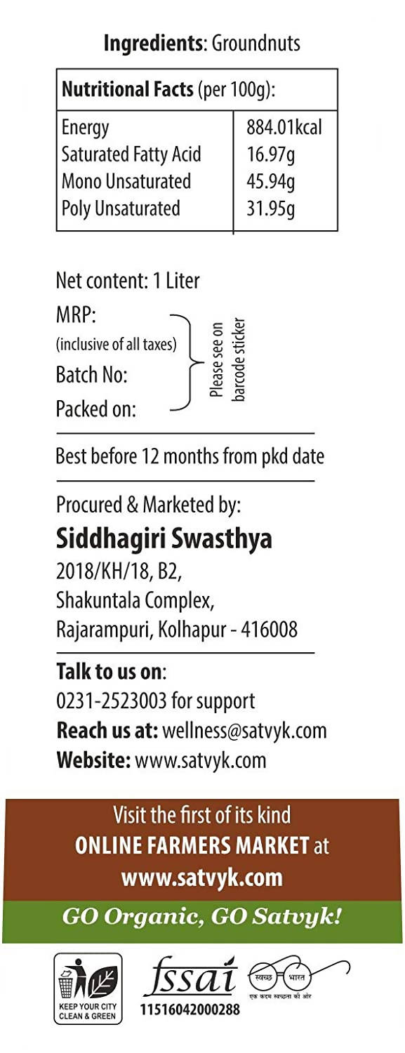 Siddhagiri's Satvyk Organic Wood Pressed Groundnut Oil 