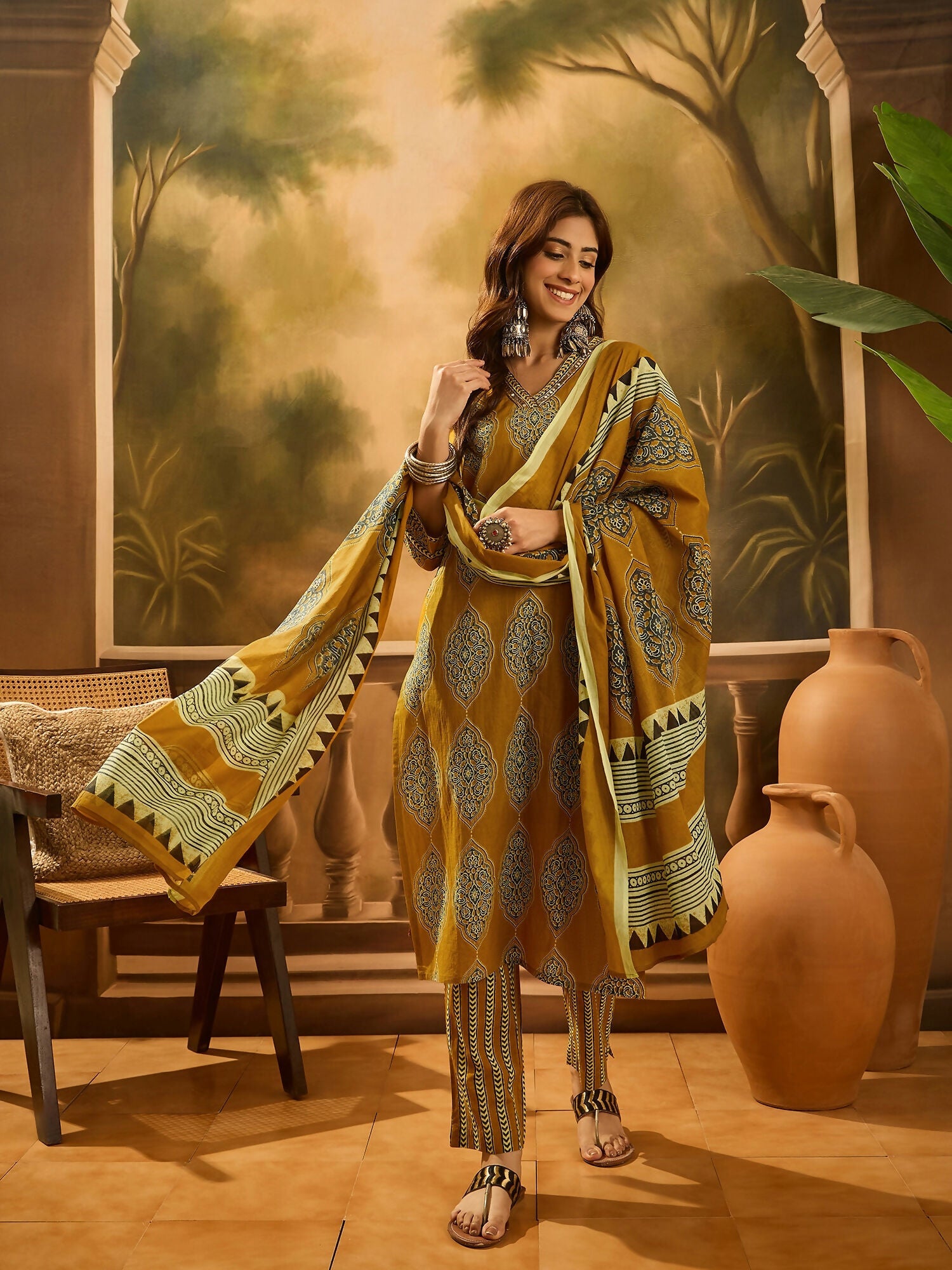 Joban Fashion Printed Mustard Pure Cotton Kurta Set