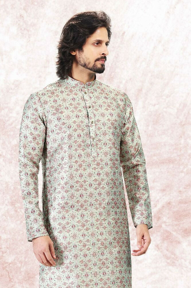 Raivat Ethnic Jacquard Banarasi Silk Digital Print Kurta Pajama In Pista Green Colour