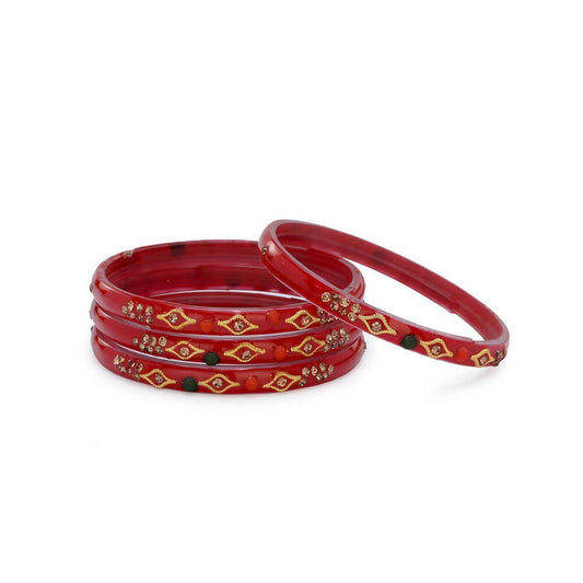 Afast Designer Fancy Party Bangle/ Kada Set, Red, Glass, Pack Of 4 - Grab2buy