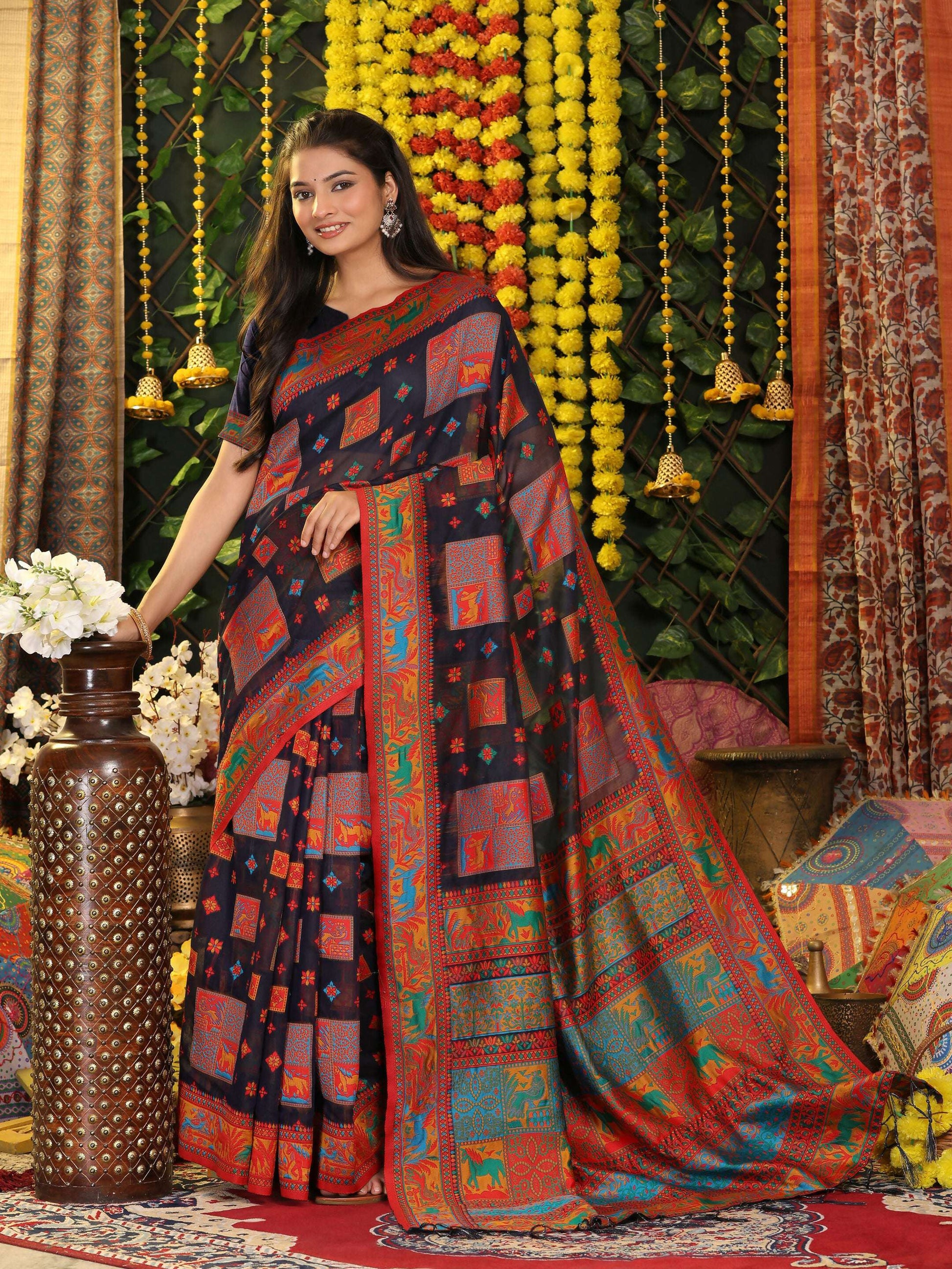 Shree Shyam Fashion Linen Cotton Navy Blue Saree