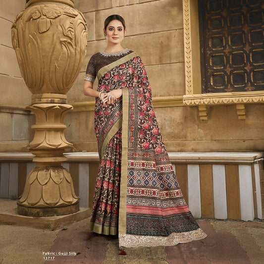 Brown Gajji Silk Floral Print With Hand Work & Stone Work Border Saree With Unstitched Blouse - Norita Gajri