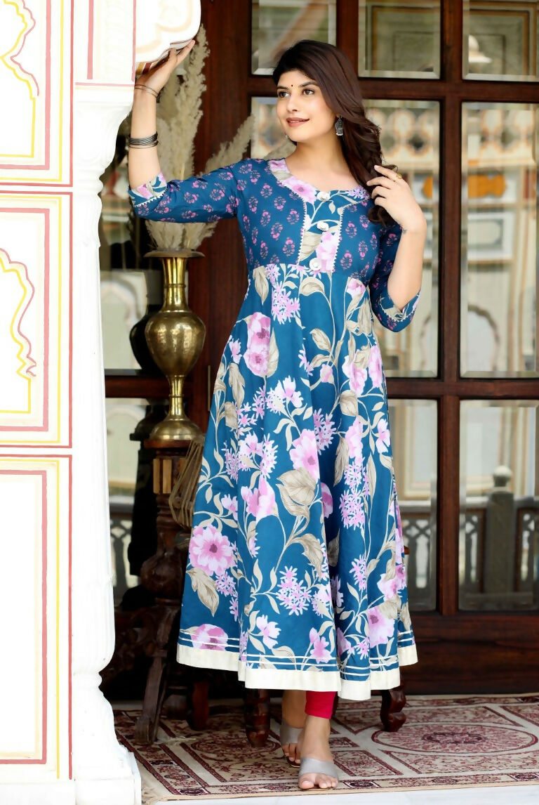 Miravan Women's Jaipuri Flower Printed Blue Anarkali Kurta With Beautiful Border Details