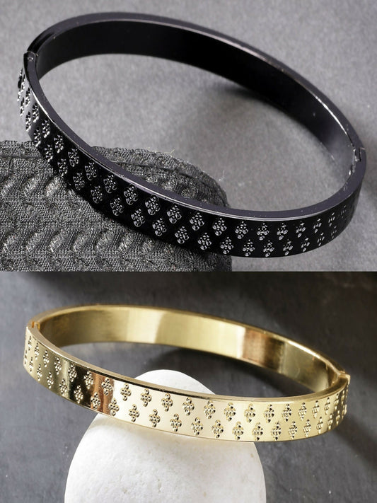 NVR Men's Set of 2 Gold & Black Rhodium-Plated Stainless Steel Kada Bracelet