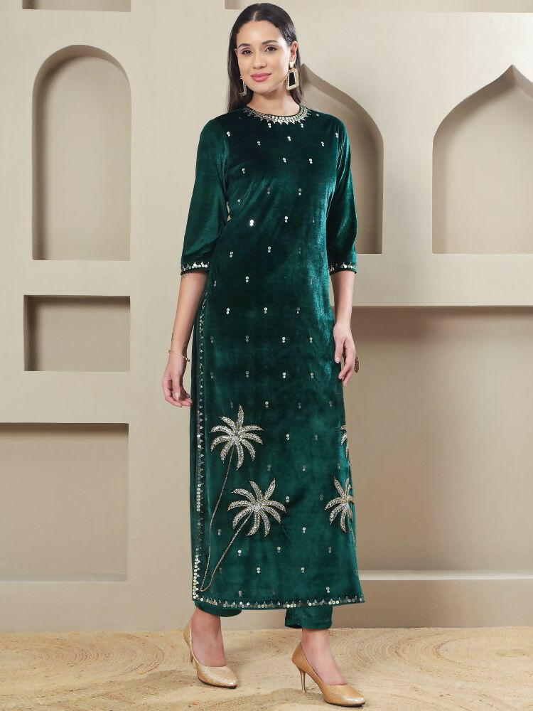 Joban Fashion Women Green Velvet Hand Embellishment Stitched Kurta Set