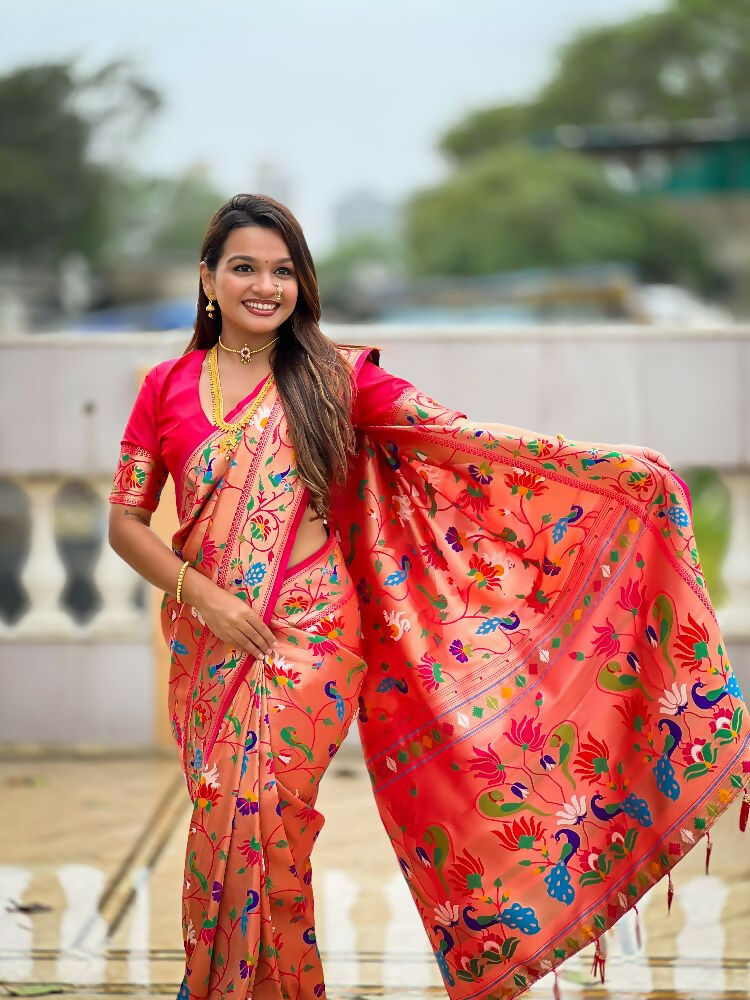 PR Fashion Pink Oft Kanjivaram Paithani Silk With Zari Weaving Meenakari Design Saree