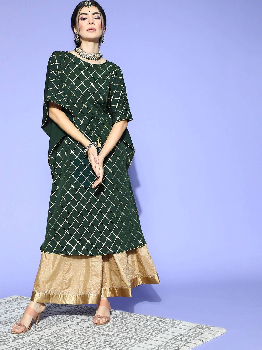 Janasya Women Green Checked New Age Kaftan Kurta