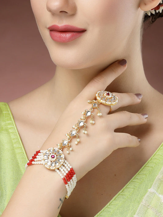 NVR Women's Red Gold-Polished Stone Studded Handcrafted Ring Bracelet