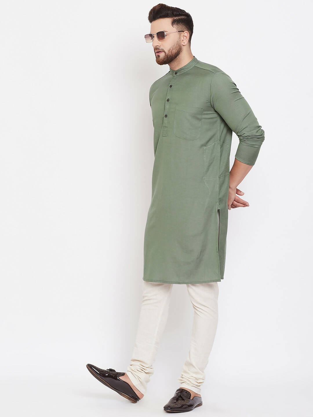 Even Apparels Green Color Linen Linen Men's Kurta With Band Collar 