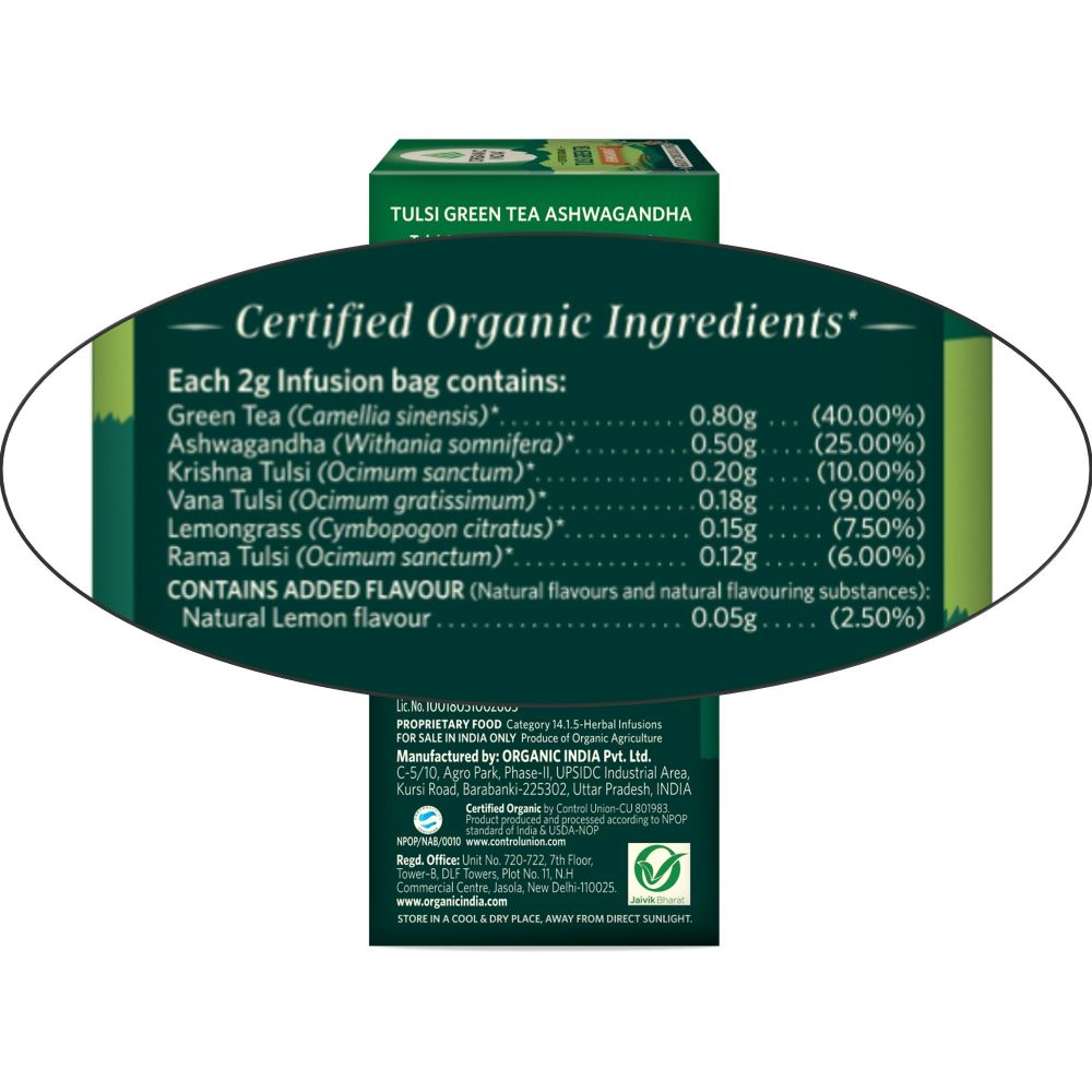 Organic India Tulsi Green Tea Ashwagandha - Herbal Sleep Tea, Caffine Free 