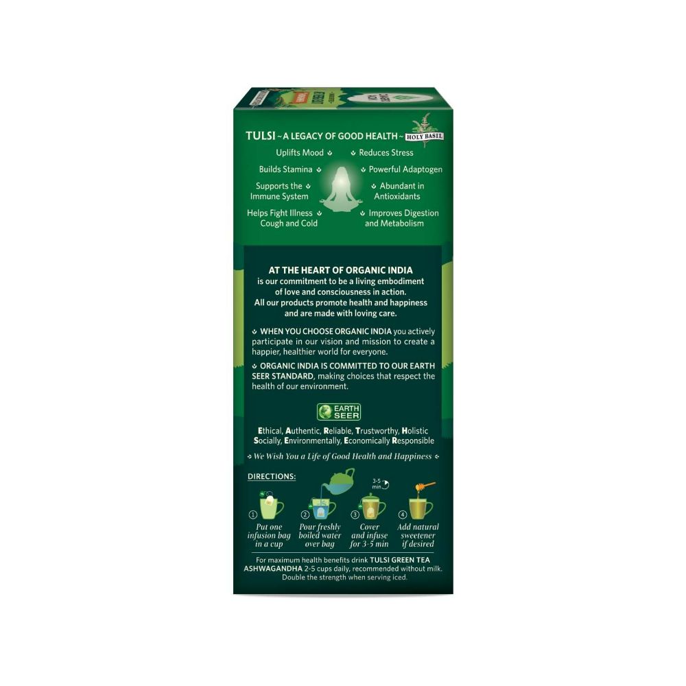 Organic India Tulsi Green Tea Ashwagandha - Herbal Sleep Tea, Caffine Free 
