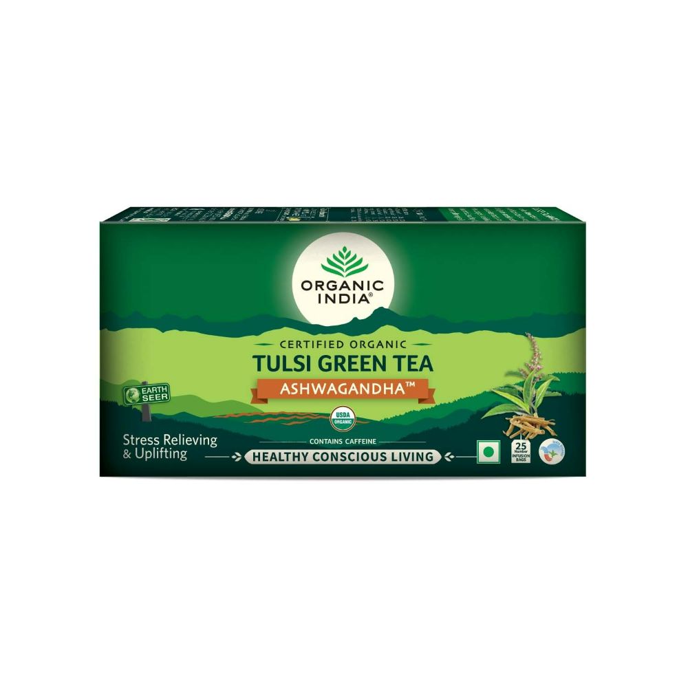 Organic India Tulsi Green Tea Ashwagandha - Herbal Sleep Tea, Caffine Free 