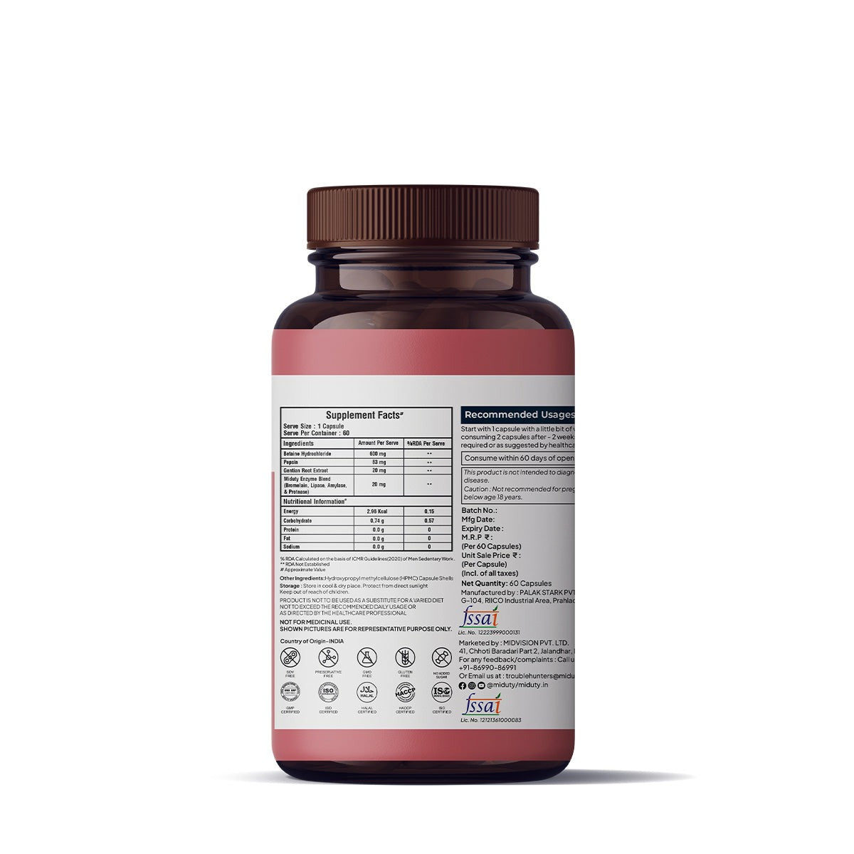 Miduty by Palak Notes Betaine HCL + Pepsin Capsules 